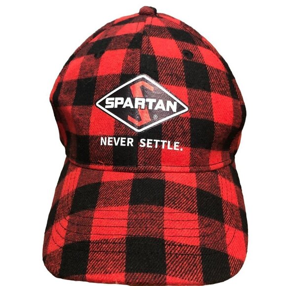 Spartan Never Settle RV Motorhome Hat Cap Red Black Plaid Adjustable Back NWOT - Picture 2 of 7